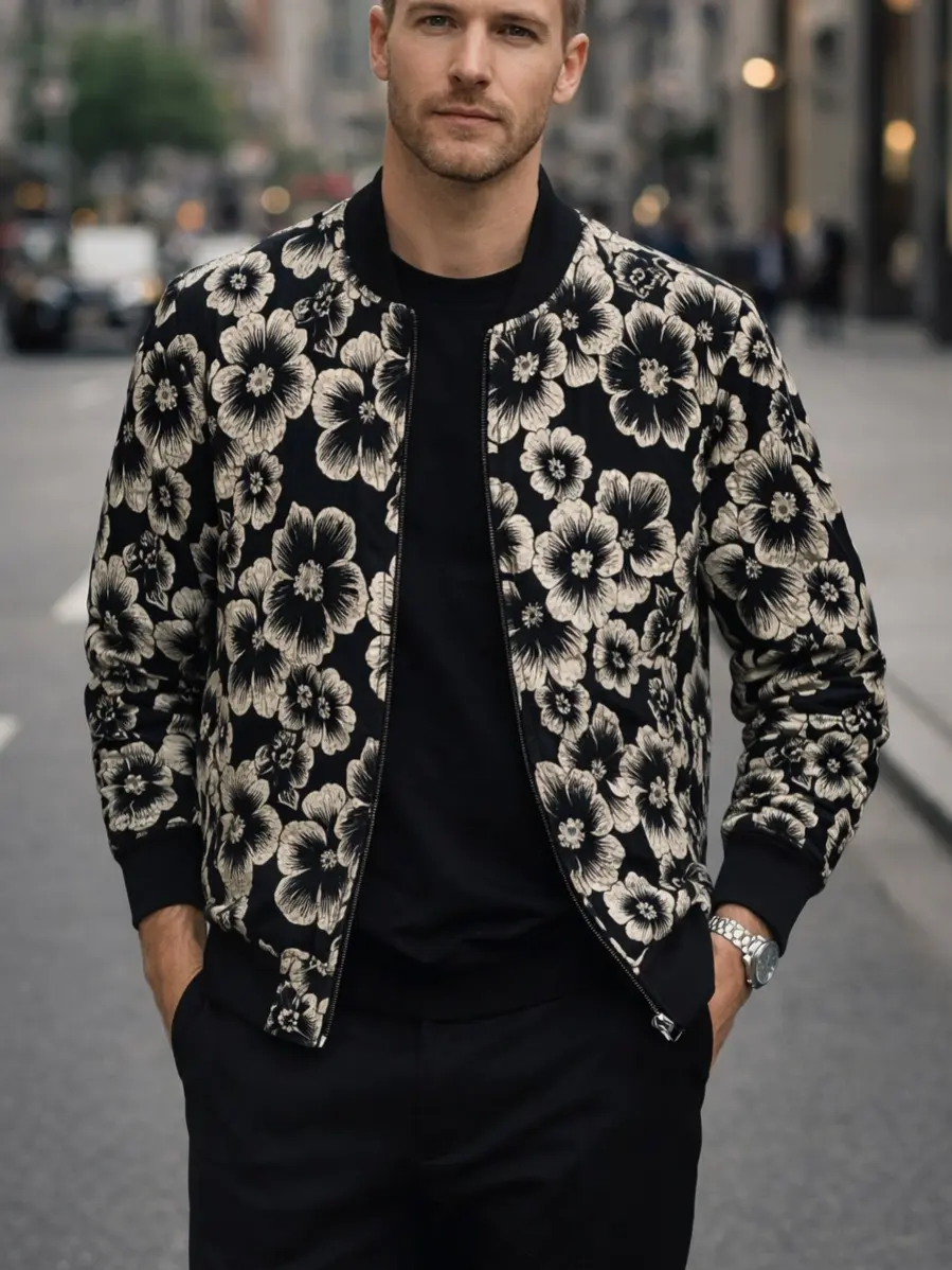 Men's Fitted Round Neck Longsleeve Floral Graphic Jacket Coat - College-Style Fashion Fabric Apparel with Pockets, Casual All-Season Outerwear, Stylish Menswear Tops, Black, Graphic Jackets