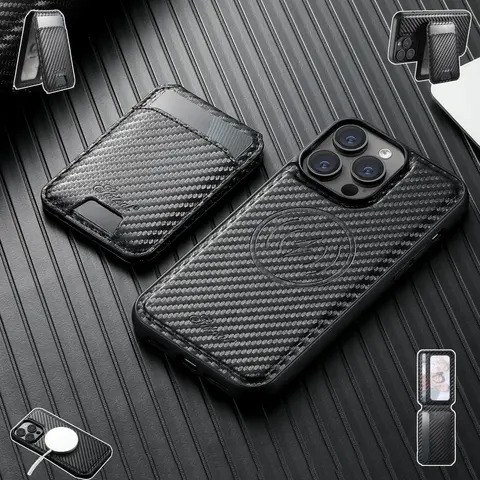 Carbon Fiber Pattern Phone Case Protector with Detachable Card Case, Magnetic, Cellphone Protection, 1 Count 2 in 1 Shockproof Durable Phone Protective Cover, Phone Accessory for iPhone 15 14 13 12, Shockproof Cellphone Casing