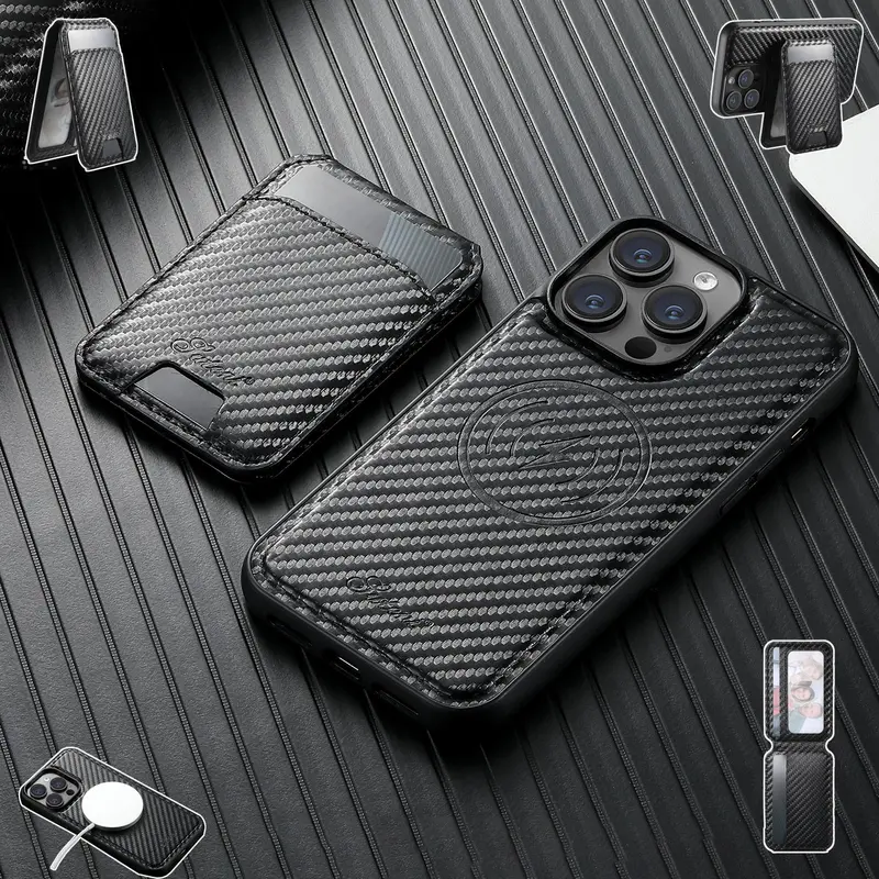 Carbon Fiber Pattern Phone Case Protector with Detachable Card Case, Magnetic, Cellphone Protection, 1 Count 2 in 1 Shockproof Durable Phone Protective Cover, Phone Accessory for iPhone 15 14 13 12, Shockproof Cellphone Casing