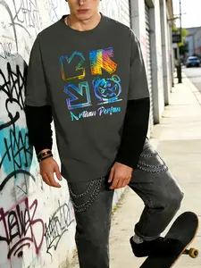 Men's Colorful Arrow Print Loose Long Sleeve Round Neck T-Shirt, Fashion Street Casual Style, Comfortable Trendy Clothing