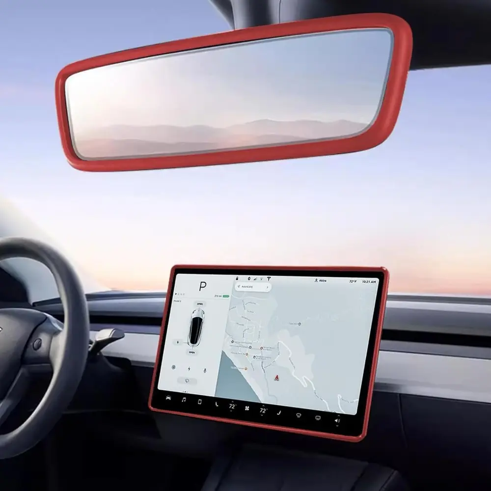 2PCS Silicone Car Accessory Set - Screen Edge Frame, Rearview Mirror Cover, Center Console Trim for Tesla Model 3/Model Y 2019-2025, Automotive Interior Accessories (Red)