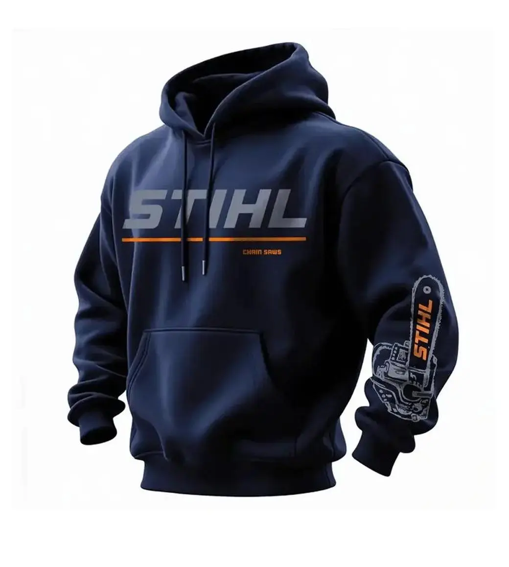 Retro STIHL Hoodie for Men – Heavy Duty Workwear Pullover, Chainsaw Logo Sleeve, Gift for Dad or Him, Trendy Gym Streetwear