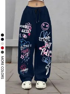 Women's Casual Sporty Athletic Long Pants, Graffiti Letter Expression Butterfly Statement Graphic Print, Drawstring Adjustable Loose Wide Leg, All Seasons Fashion, Casual Street Trousers