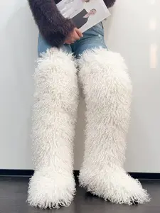 New Women's 72cm High Heel Boots, Low Heel over Knee Boots, Plus Size Leather Shoes, Fashion Thigh-High Long Boots, Fluffy Snow Boots