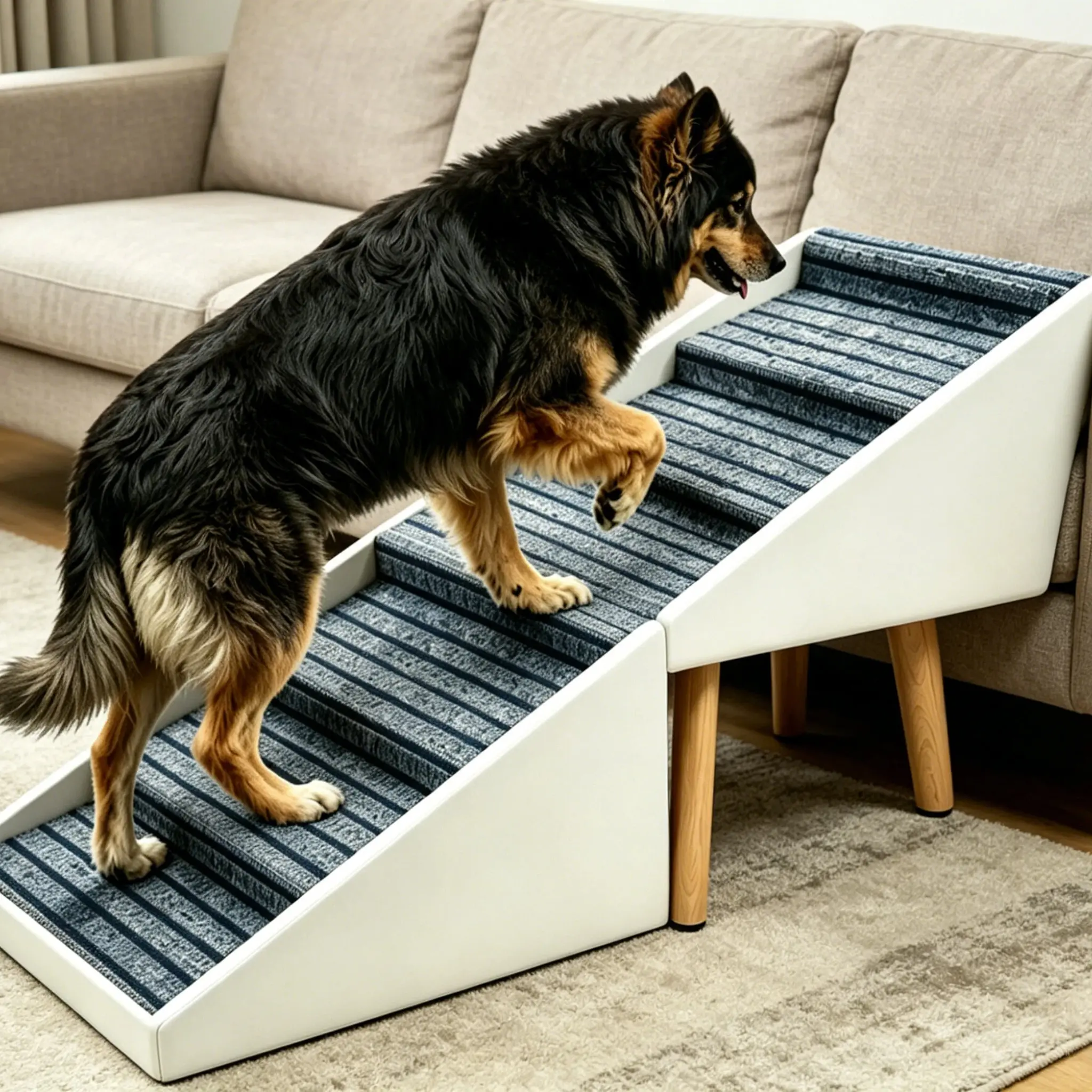 Dog Stairs & Ottoman, 6-Step Foldable Ramp, Beige - Gentle Slope for Small to Large Dogs, Anti-Slip, Waterproof