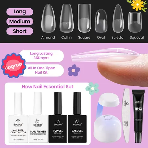 Beetles Tipex Instant Apex Nail Extension Tips Kit, with Hand Free Nail Glue,UV Lamp, Almond/Coffin/Square/Oval/Stiletto/Squaoval Shape Thick Acrylic Nail Flat Nails Manicure Gel press ons Nail Art DIY Nails Art # Easter'sGift