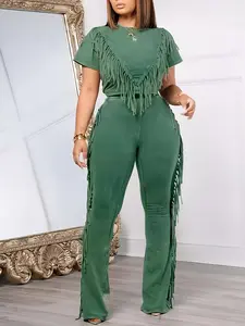 MotionKiller Chic Casual Fringe Combo Pants Set -Fashion Round Neck, Short Sleeves, 1 Top & 1 Bottom, Clothes