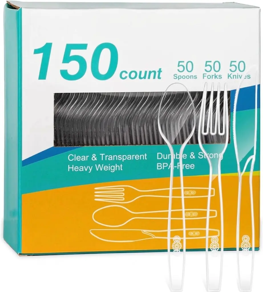 150 Pcs Clear Plastic Silverware Set 50 Forks, 50 Spoons, 50 Knives, Heavy Duty Disposable Utensils, Clear Plastic Cutlery Set for Halloween, Weddings, Parties, Events, Catering and Everyday Use