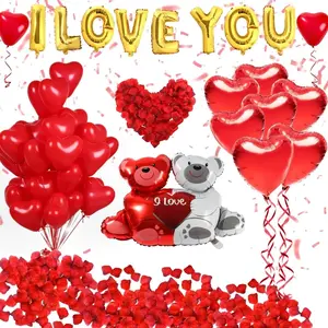 40 Pack I Love You Balloons and Heart Balloons Kit with 1000 Pcs Dark-Red Silk Rose Petals Wedding Flower Decoration Love-Bear Red Heart Balloons for Valentine Day Party Decorations