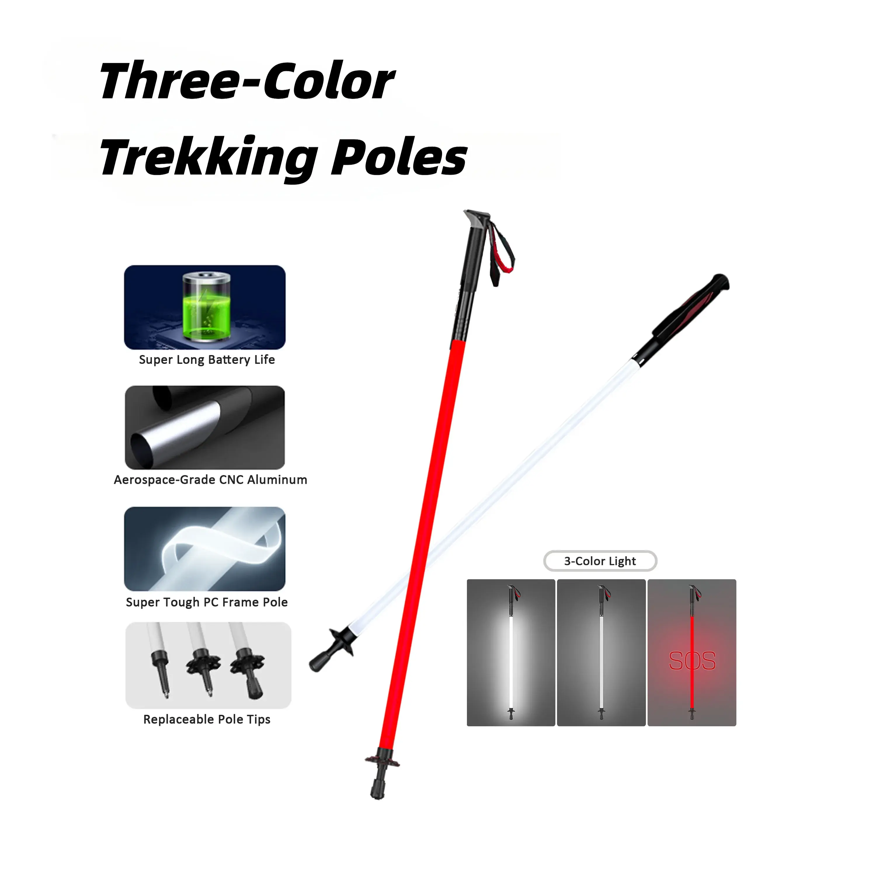 3-Mode Light Walking Poles for Mud/Sand/Snow Surfaces, 102cm Fixed, IP55 Water-Resistant, CNC Aluminum Shaft, EVA Sweat-Absorbing Grip, 7H Battery, 150-180cm User Height, with Surface Contact Covers & Baskets