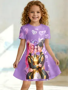 Girls Summer K-POP Girl Group Print Dress, Kids Purple Heart Crew Neck Short Sleeve A-Line Dress
