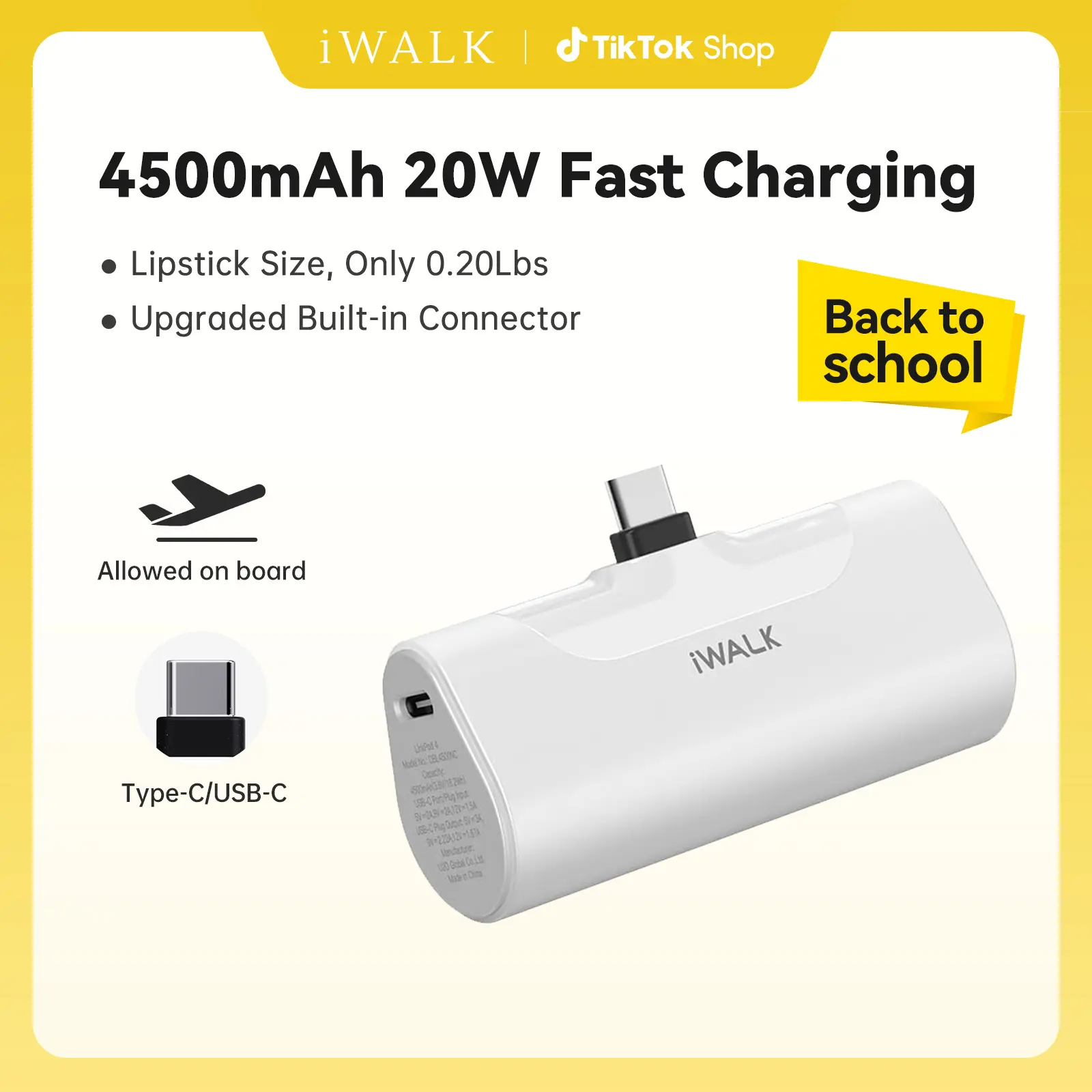 iWALK Mini Portable Charger - 4500mAh USB-C 20W Fast Charging Compact Battery Power Bank, Lightweight Smartphone Accessories for Purse, Cable-Included Device Charger for iPhone 17/16/15 Pro Max, Summer Vibes Outdoor Use summerwins tiktokshopbacktoschool