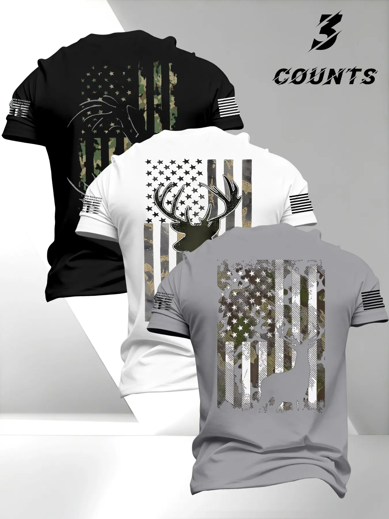 Men's Round Neck Short Sleeve T-Shirt, Vintage Classic American Deer Head Camouflage Print Design, Street Style Streetwear 3 Pack, Fashionable Casual Daily Wear Tops, Menswear