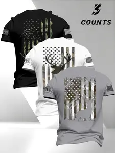 Men's Round Neck Short Sleeve T-Shirt, Vintage American Deer Head Print Design, Streetwear Street Style Casual 3 Pack, Fashionable Daily Wear