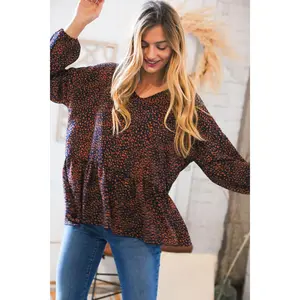 Navy & Rust Leopard Woven Babydoll Top