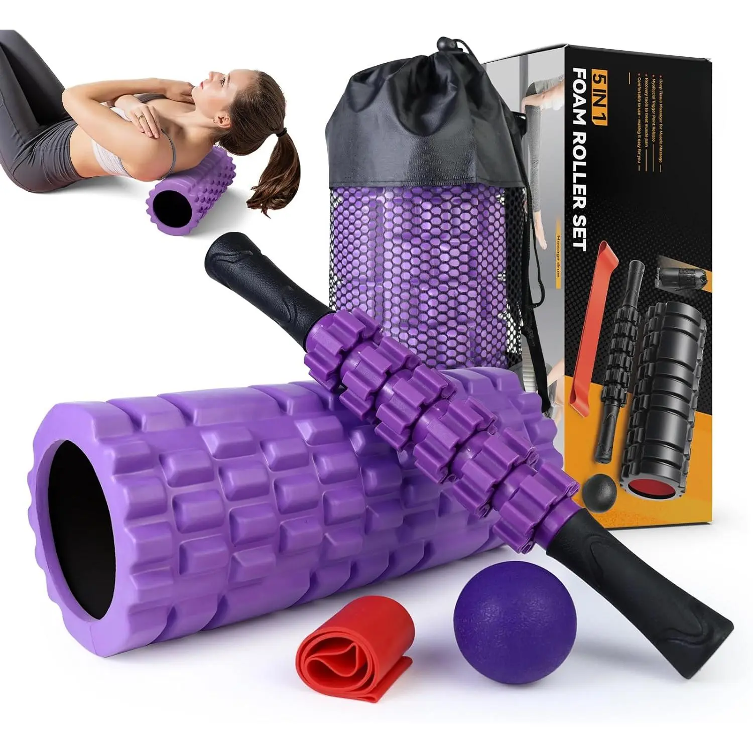5 in 1 Foam Roller Set for Deep Tissue Muscle Massage, High Density Trigger Point Fitness Patented Exercise Foam Roller, Massage Roller, Massage Ball, Resistance Band, for Whole Body(Purple)