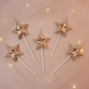 Star Shaped Champagne Gold Birthday Candles for Cake-5 pcs Metallic Color Stereo Shaping Set, Sparkler Candles for Birthday Cake