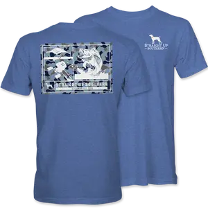Camouflage Bass Fishing Graphic Tee – Blue Outdoor Shirt for Men Who Love Angling, Country Life & Adventure Style