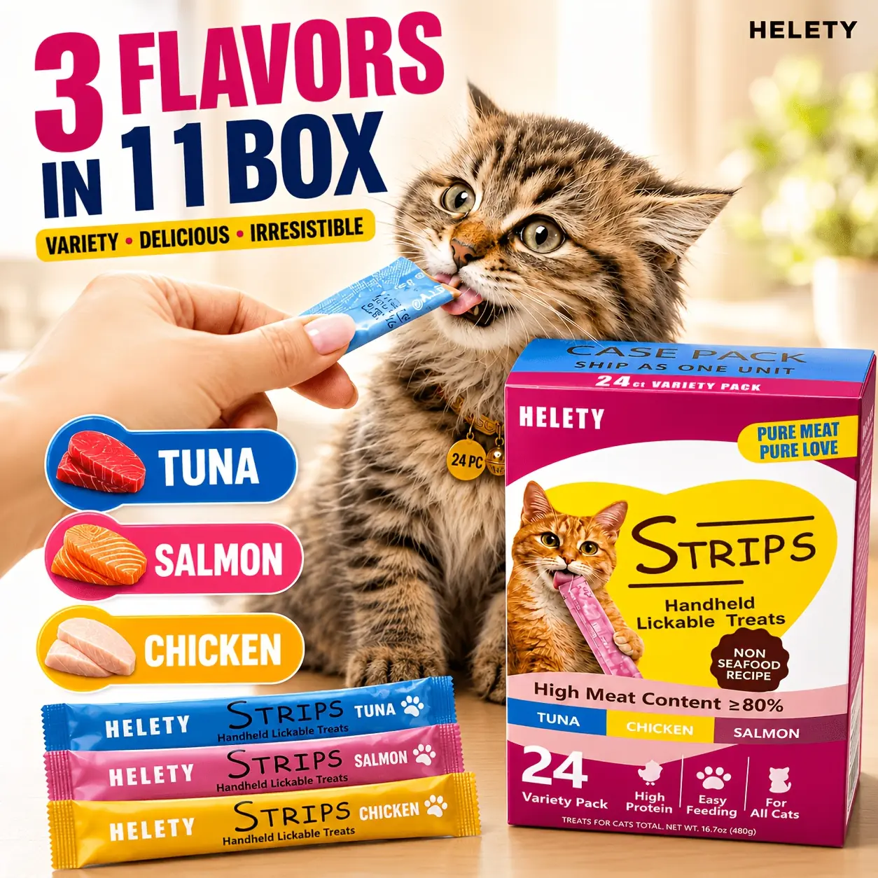 Helety 24 Pack Lickable Cat Treats, Chicken Tuna Salmon Flavor Variety Pack, Creamy Cat Snack Tubes for Kittens & Adult Cats, Easy Serve Cat Treats for Daily Feeding, Training Rewards & Meal Topper. Cat Sticks