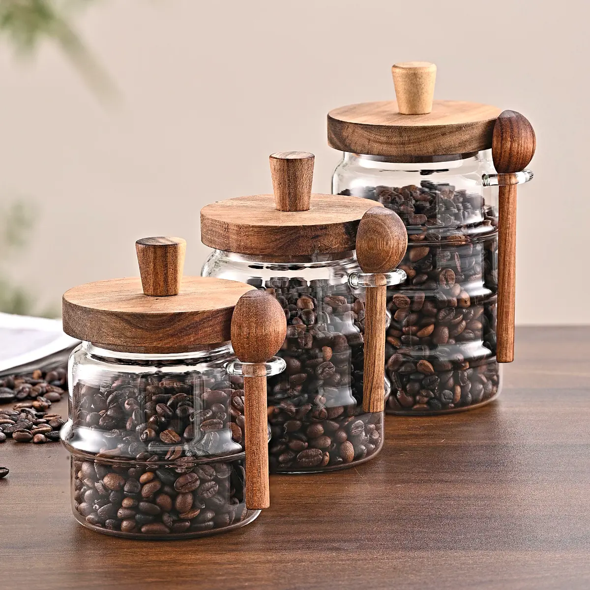 Stylish Ribbed Textured Glass Storage Jar | Wood Lid With Hanging Wooden Spoon, Elegant Countertop Kitchen Decor Canister,Modern Kitchen Storage Container for Coffee Beans, Sugar, Tea & Dry Food