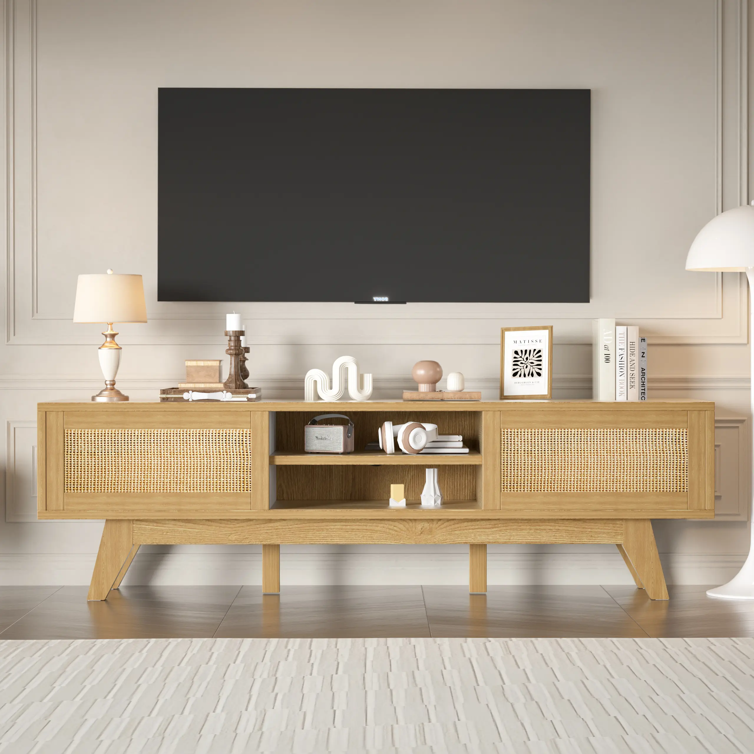Topwin Rattan TV Stand Modern Entertainment Center with Natural Rattan Doors,Fits 55-65 Inch TVs,Living Room Shelf Minimal Fashionable Furniture Table