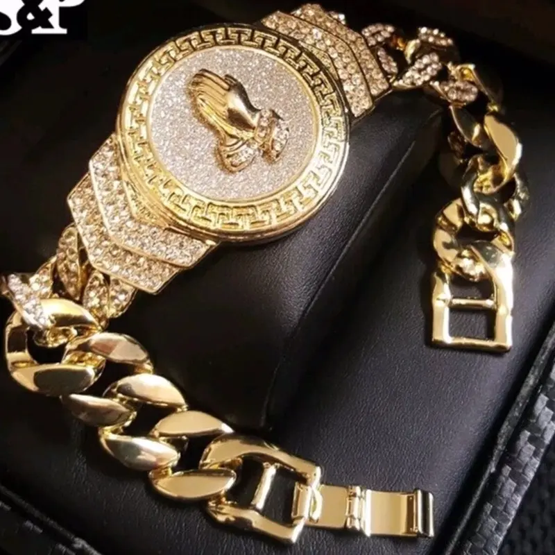 Hip Hop 14K Gold Plated 8.5" CZ Full Iced Praying Hands Cuban Fashion Bracelet