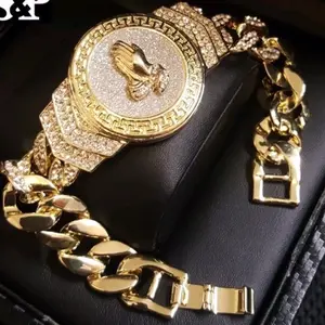 Hip Hop 14K Gold Plated 8.5" CZ Full Iced Praying Hands Cuban Fashion Bracelet