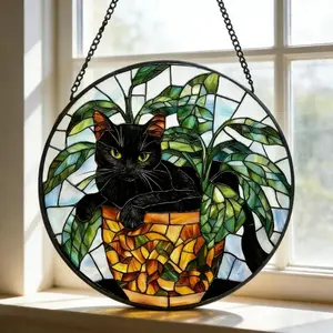 Black Cat Stained Glass Suncatcher, Botanical Cat Glass Decor, Round Cat Stained Glass, Decor Gift for Cat Lovers Mom Friend