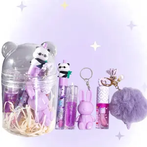 4pcs Cute Bear Cosmetic Lip Gloss Set, Fluffy Ice Cream Charm, Colorful Moisturizing Hydrating Lip Oil, Matte Bunny Keychain, Christmas Gift Ideas