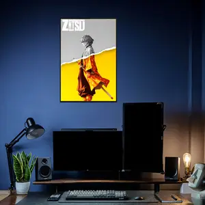 Demon Slayer Poster with Zenitsu Agatsuma Minimalist Yellow and Grey Split Design, High quality cardboard sharp pattern poster, wall art gift for anime lovers and manga fans
