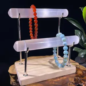 Natural Selenite Bracelet Holder | 2-Tier Jewelry Display Stand with Wood Base