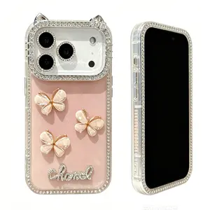 DIY Glitter Clear Phone Case with 3D Butterfly & Rhinestone Charms, Bling Cat Ear Diamond Frame Customizable Protective Cover for IP 17 PROMAX junk Crystal Bow Makeup Silicone Shockproof Rustic designer beautiful ip17promax