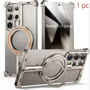 High-End Hollow Edge-Free Alloy Case for Samsung Galaxy S25 Ultra/s24 Ultra/s23 Ultra/s24 Plus, Supports Wireless Charging, 360° Rotating Stand, Anti-Slip and Drop-Resistant