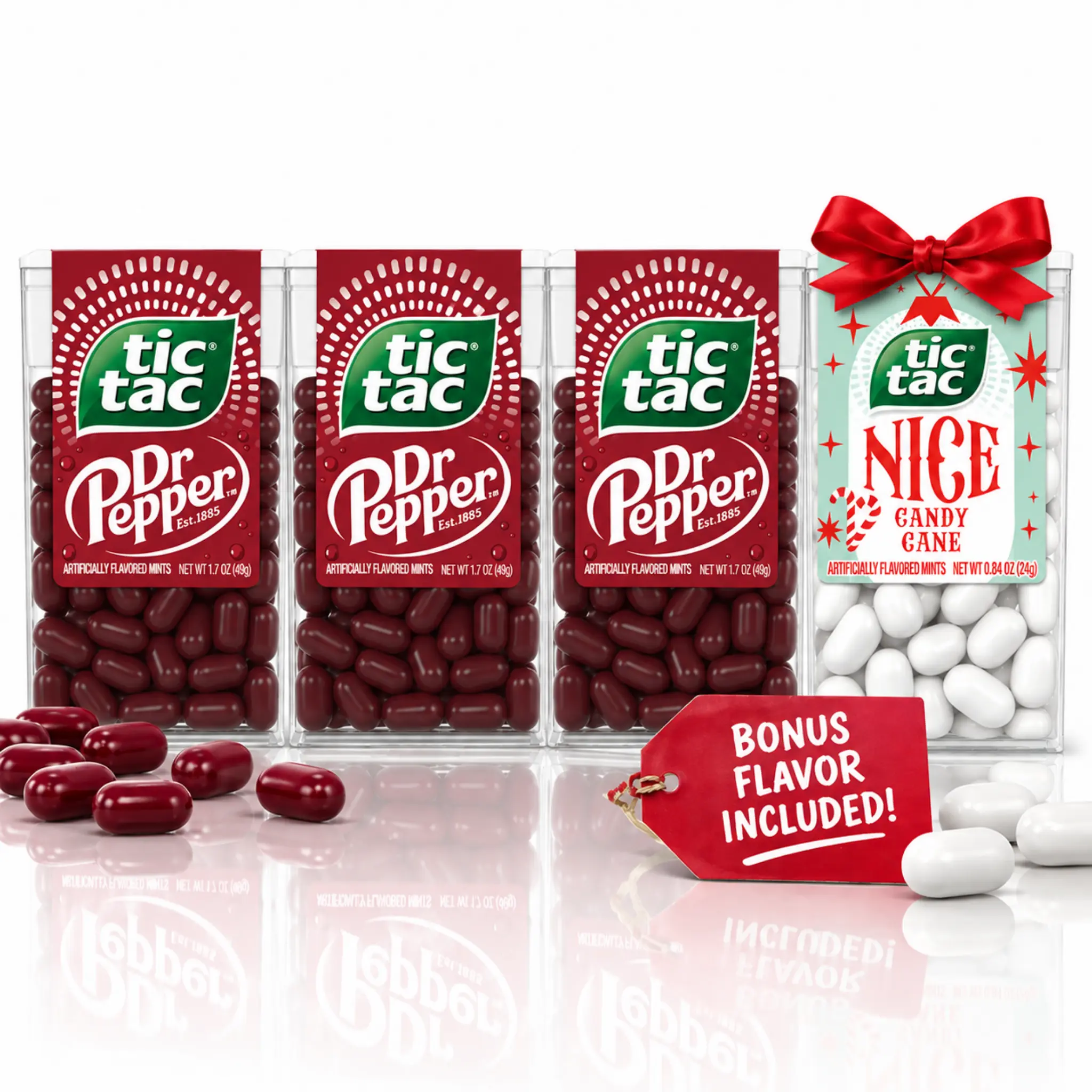 Tic Tac Dr Pepper Flavored Mints, 3 Pack, 1.7 oz Each + Bonus Tic Tac Nice Candy Cane, 0.84 oz