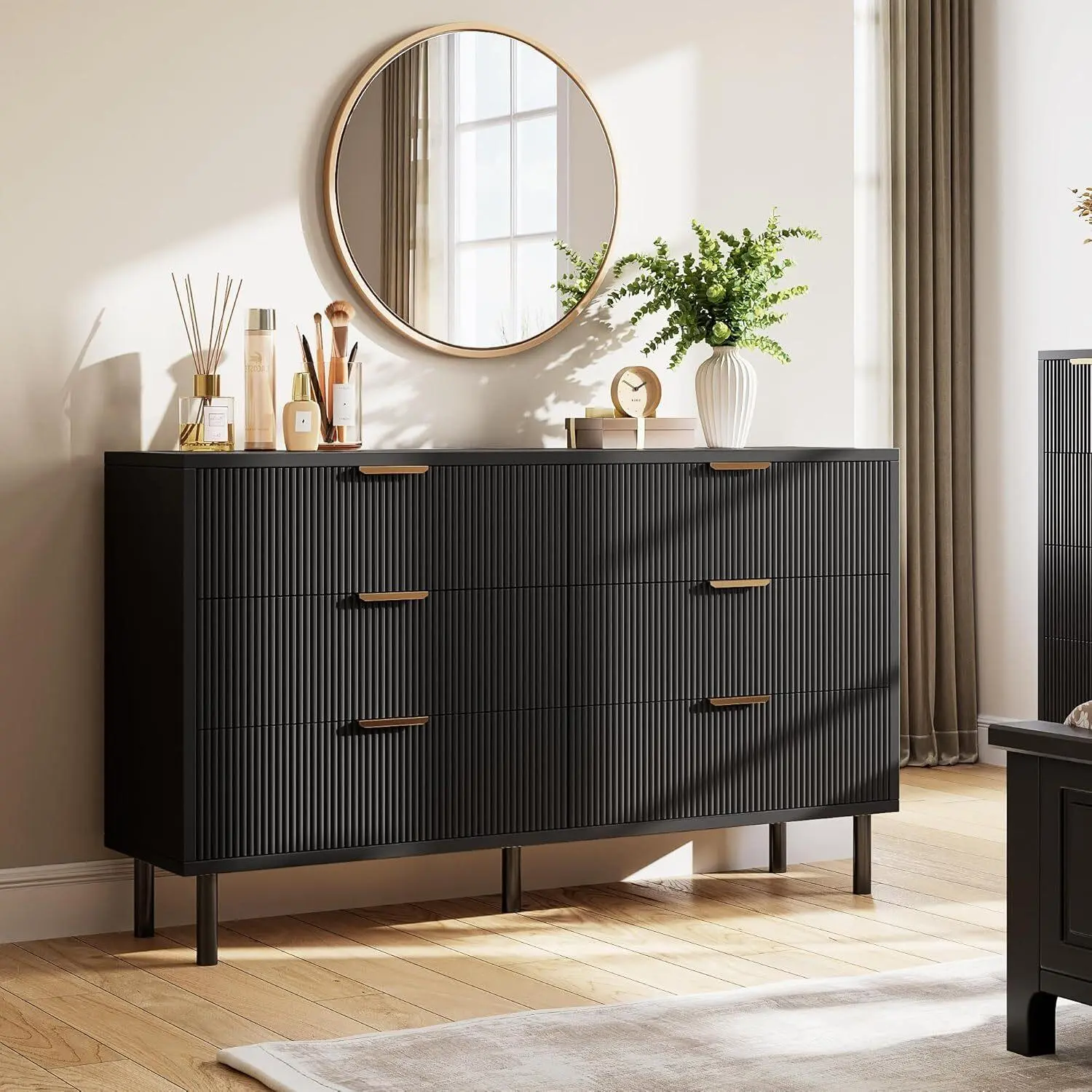 Black Wave Fluted 6 Drawer Dresser Wide Wood Double Dresser with Metal Legs and Handles Modern Chest of Drawers with AntiTipping Design for Bedroom Living Room Hallway