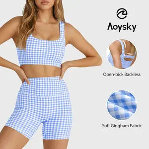 Aoysky Womens Workout Gingham 2 Piece Outfits Padded Open Back Crop Tank High Waist Seamless Sports Shorts Sets Casual Yoga Matching Sets