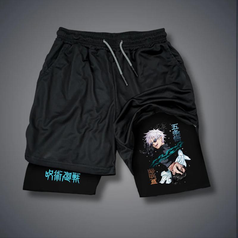 Jujutsu Kaisen Anime 80s 90s Double-Layer Sports Shorts Graphic Shorts Black Camo Streetwear Shorts Men Outfits Men Vacation Outfits Shorts