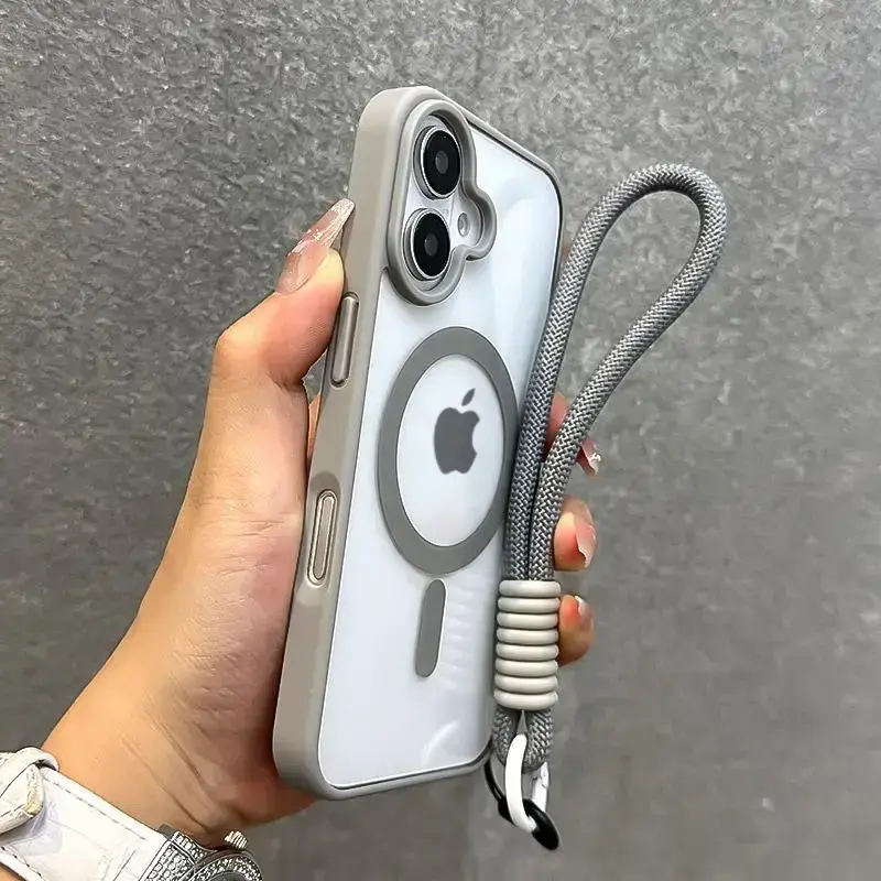 Luxury With Lanyard Clear For Magsafe Phone Case For iPhone 16 15 14 13 12 11 Pro Max Shockproof Armour Wrist Strap Back Cover