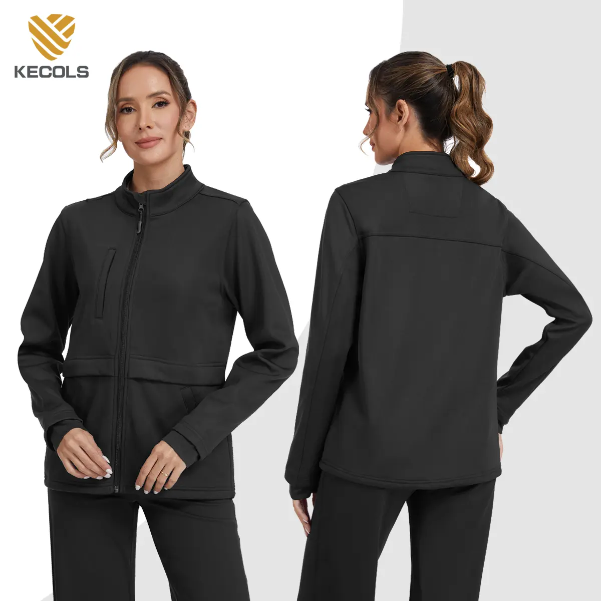 Kecols Classic Fit Scrub Jacket for Women – Zip Front, Fleece-Lined Nursing Coat with Five Pockets