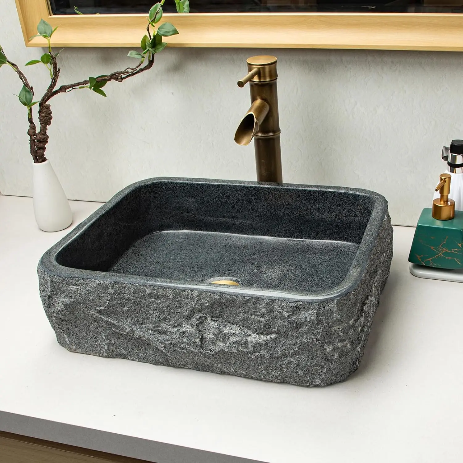100% Handcrafted Stone Vessel Sink with Rectangular Black Speckled Design - Rustic Farmhouse Style for Bathroom Vanity or Countertop