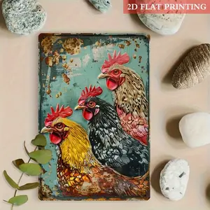 2D Flat 1pc Vintage Farmhouse Metal Wall Decor Rustic Rooster Tin Sign with 3 Roosters Durable Aluminum Farmhouse Decoration for Indoor Outdoor Use Easy Hang