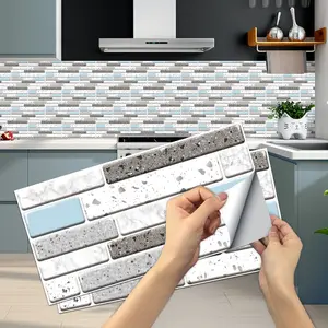 6/12/24/48 PCS Vintage FG Tile Stickers, Light Blue Gray Stone Texture 3D Layered, PVC Crystal Film, Peel & Stick Backsplash, Waterproof & Oil-Proof DIY Wall Decor