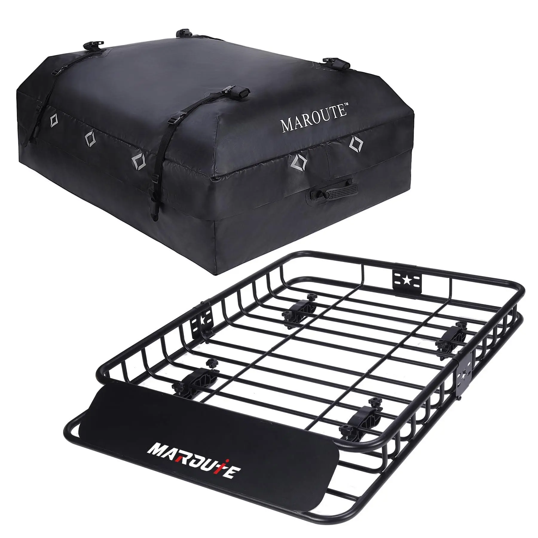 Roof Rack Cargo Basket with Waterproof Cargo Bag, 15 cu ft Rooftop Cargo Carrier, Heavy Duty Steel Car Roof Rack Carrier with Wind Fairing, Anti-Rust, U-Bolt Mount, for SUV Truck