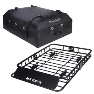 Roof Rack Cargo Basket with Waterproof Cargo Bag, 15 cu ft Rooftop Cargo Carrier, Heavy Duty Steel Car Roof Rack Carrier with Wind Fairing, Anti-Rust, U-Bolt Mount, for SUV Truck