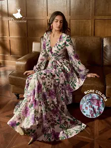 Elegant Cross Neck Lantern Sleeve Belted Multi-Layer Floral Dress, Spring & Fall Vacation Wear, Casual Wear, Daily Fashion