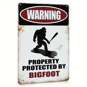 Warning Property Protected By Bigfoot Metal Sign, 1 Count Metal Tin Sign, Signage, Funny Signs for Home Decor, Yard Sign, Man Cave Decor, Room Decor