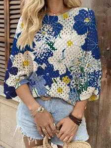 Summer Boho Batwing Sleeve Top, Floral Print Knitwear, Loose Fit Round Neck, Casual Elegant Chic Office Wear, Beach Cover-Up for Women, Boho Cottagecore Blouse, Boho Clothing