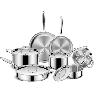 Stainless Steel Cookware Set 3 Ply 11 Piece Oven Dishwasher Safe Induction Compatible Frying Pans Saucepans Saute Pan Stock Pot PFOA Free Kitchen Skillet
