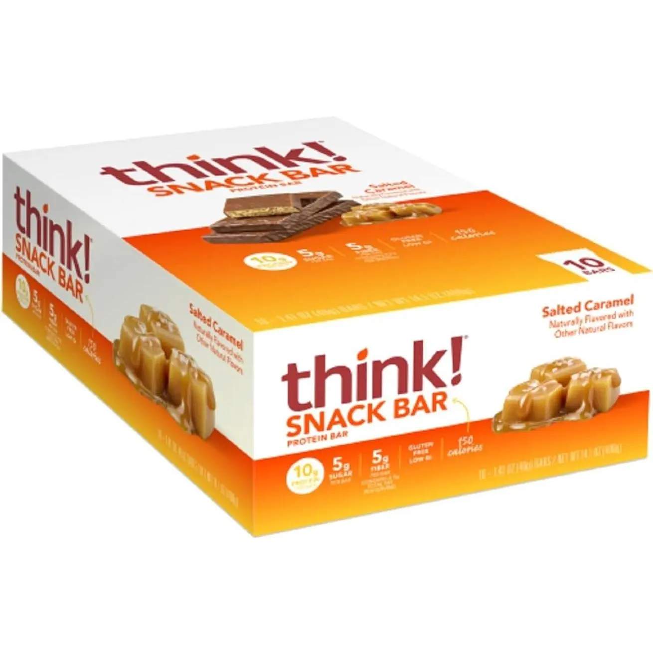 think! Protein Bars with Chicory Root for Fiber, Digestive Support, Gluten Free with Whey Protein Isolate, Salted Caramel, Snack Bars without Artificial Sweeteners, 1.4 Oz (10 Count)