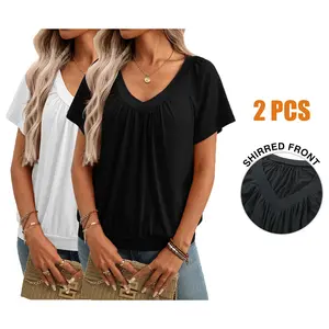 2PCS Women's Casual Summer Short Sleeve V Neck Tops - Loose Fit & Comfortable Shirring T-shirts